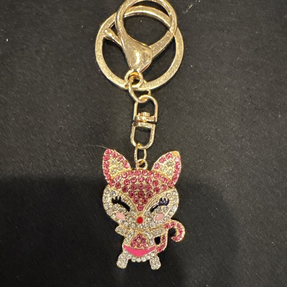 Bag Keychain Pink Gold Fox Rhinestone Bag Charm Rhinestone Keyring NEW